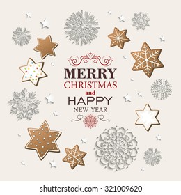 Vector Illustration of a Christmas Greeting Card with Cookies and Snowflakes