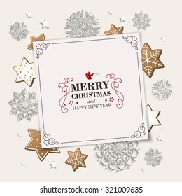 Vector Illustration of a Christmas Greeting Card with Cookies and Snowflakes