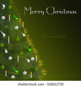 Vector illustration of Christmas greeting card with fir on green background and phrase "Merry Christmas", with place for your text.