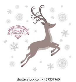 Vector Illustration of a Christmas Greeting Card with Reindeer Silhouette