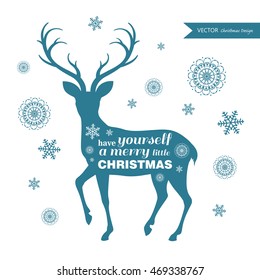 Vector Illustration of a Christmas Greeting Card with Reindeer Silhouette and Snowflakes