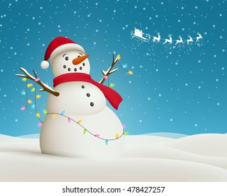 Vector Illustration of a Christmas Greeting Card with Snowman