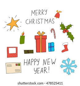 vector illustration of Christmas greeting card with caption Merry Christmas and Happy New Year and set of elements: gifts, candy, star, candle, envelope, photo frame, bell, snowflake, boot, holly.
