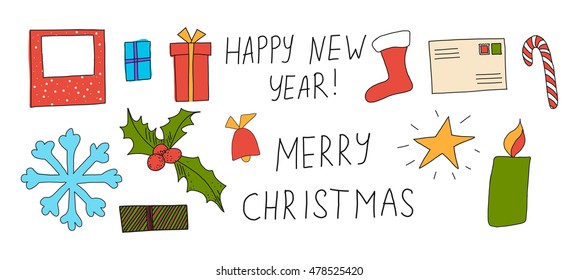 vector illustration of Christmas greeting card with caption Merry Christmas and Happy New Year and set of elements: gifts, candy, star, candle, envelope, photo frame, bell, snowflake, boot, holly.