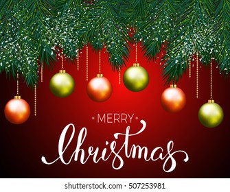 Vector illustration of christmas greeting card with christmas balls are hanging on a branch of tree with hand lettering on dark red background