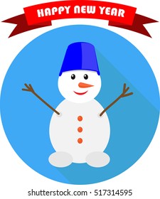 Vector illustration of Christmas Greeting Card. Merry Christmas. Happy New Year. Christmas Snowman with a bucket