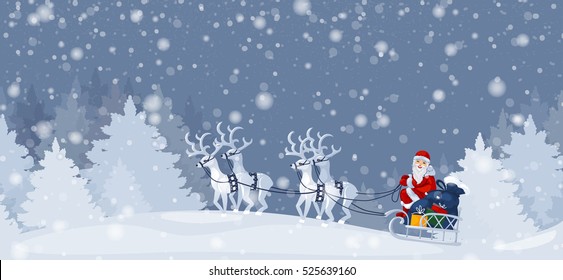 Ilustración vectorial de la tarjeta de felicitación de Navidad o de la pancarta con Santa Claus, fondo de ciervo y nieve