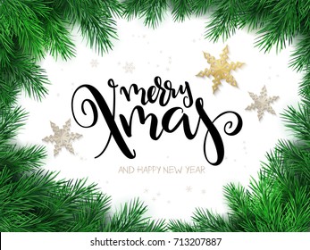 Vector illustration of christmas greeting card with hand lettering label - merry xmas - with stars, fir-tree branches and snowflakes.