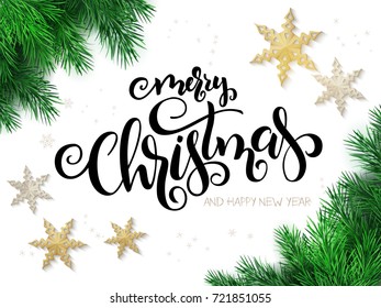 Vector illustration of christmas greeting card with hand lettering label - merry xmas - with stars, fir-tree branches and snowflakes.