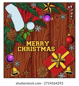 Ilustración vectorial de un diseño de saludo de Navidades con un sombrero de Santa, regalos envueltos, hojas de pino, conos de pino y otros adornos festivos, combinados con un texto de "Navidades alegres".