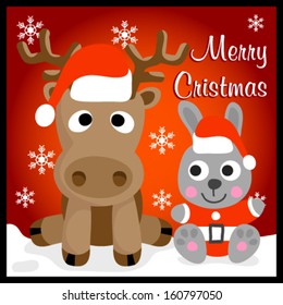 Vector illustration for christmas greetings card design with two cute little animals