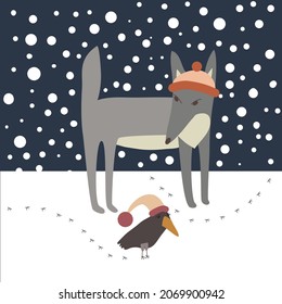  Vector illustration for christmas greetings. Cute wolf and 
raven on the snow. 