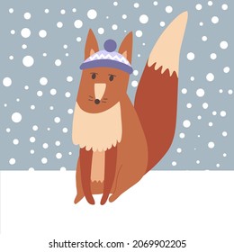 Vector illustration for christmas greetings. Cute fox on
 the snow.    