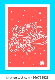 Vector illustration of christmas hand written text on blue background with white snowflakes. Bright color. Hand draw line art design for web, site, advertising, poster, postcard and greeting card.