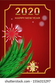 vector illustration of christmas and happy new year 2020 on red background. 
