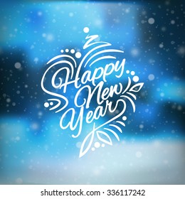 Vector illustration Christmas and Happy New Year. Blurred blue background. Falling snow. Wallpaper. 2019. 2018. lettering Greeting Card. Falling snow. Snowflakes, snowfall. Flake of snow. EPS 10