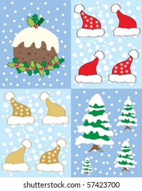 vector illustration of Christmas hats, Christmas pudding and snowy trees on blue background with snowflakes