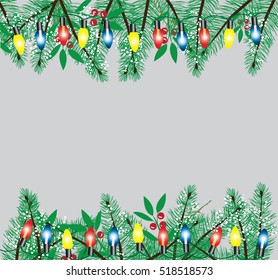 vector illustration of Christmas holiday background with fir tree branches and lights
