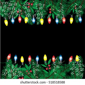 vector illustration of Christmas holiday background with fir tree branches and lights