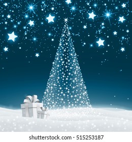 Vector Illustration of a Christmas Holiday Design with Christmas Tree and Gift Boxes