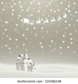Vector Illustration of a Christmas Holiday Design with Flying Santa Claus and Gift Boxes