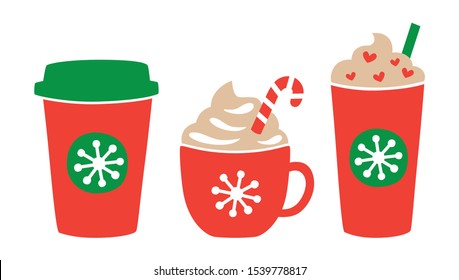 Vector illustration of Christmas holiday drink including hot and iced coffee. Peppermint chocolate drink.