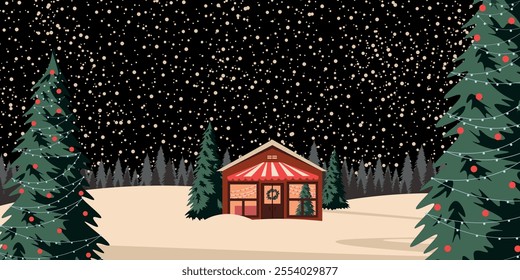 Vector illustration. Christmas holidays, background, village banner, winter landscape. Modern design.