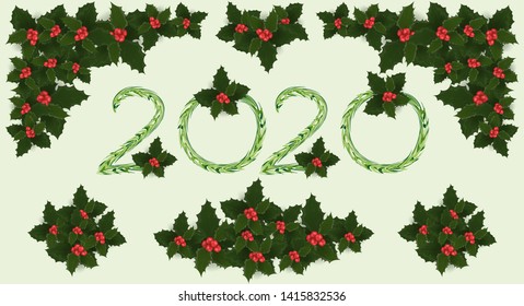 Vector illustration of Christmas holly wreath with pine brushes in 2020, Set collection Design elements for New Year Greeting card, Lettering, flyers, posters, banners and calendar, 