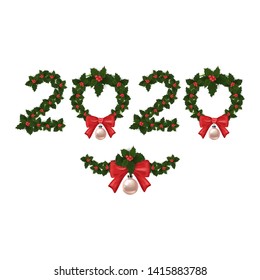 Vector illustration of Christmas holly wreath with Christmas bulb in 2020, Set collection Design elements for New Year Greeting card, Lettering, flyers, posters, banners and calendar, 