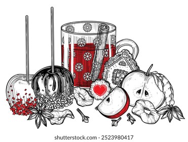 Ilustración vectorial de Navidades de sidra de manzana caliente con pan de jengibre y manzanas de caramelo en estilo de grabado