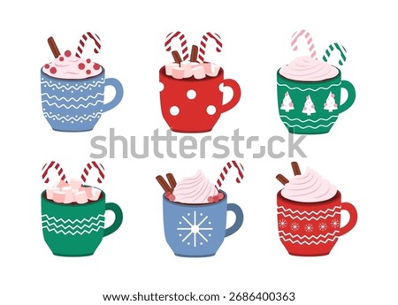 Vector illustration of Christmas hot drinks in festive mugs with cocoa, marshmallows, candy canes, whipped cream and cinnamon. Winter holiday cozy design.