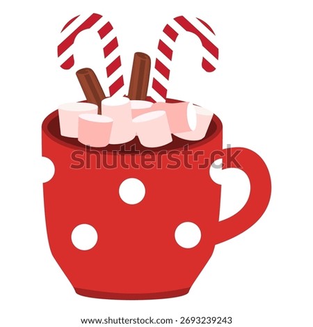 Vector illustration of Christmas hot drinks in festive mugs with cocoa, marshmallows, candy canes, whipped cream and cinnamon. Winter holiday cozy design.