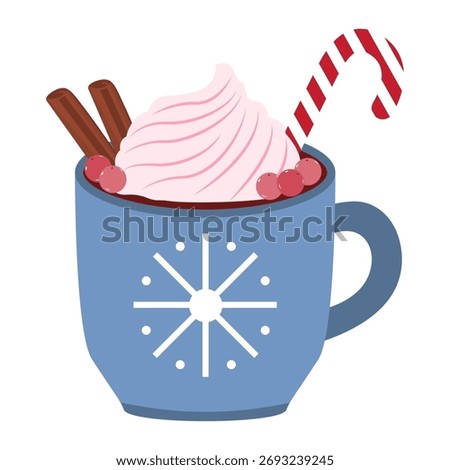 Vector illustration of Christmas hot drinks in festive mugs with cocoa, marshmallows, candy canes, whipped cream and cinnamon. Winter holiday cozy design.