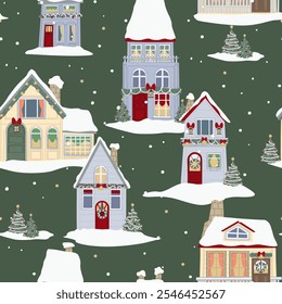 Vector illustration of Christmas houses on a green background in a detailed and cozy style, seamless pattern perfect for holiday projects and seasonal designs.