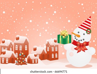 Vector illustration of Christmas houses and snowman