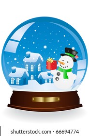 Vector illustration of Christmas houses and snowman in a sphere