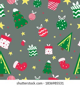 Vector Illustration of Christmas icons for Design, Website, Background, Banner. Thin New year Color seamless pattern Template for your new year gift paper or postcard. Red, green, grey and yellow