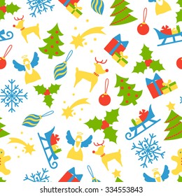 Vector Illustration of Christmas icons for Design, Website, Background, Banner. Thin New year Color seamless pattern Template for your new year gift paper or postcard. Red, green, blue and yellow
