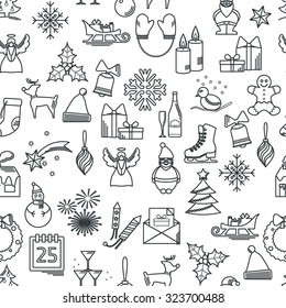 Vector Illustration of Christmas icons outline for Design, Website, Background, Banner. Thin New year seamless pattern Template for your new year gift paper or postcard
