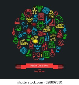 Vector Illustration of Christmas icons outline for Design, Website, Background, Banner. Thin Color New year Element Template. Yellow, green, blue, red