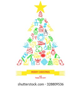 Vector Illustration of Christmas icons outline for Design, Website, Background, Banner. Thin color New year Element Template. Red green yellow and blue