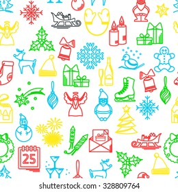 Vector Illustration of Christmas icons outline for Design, Website, Background, Banner. Thin New year Color seamless pattern Template for your new year gift paper or postcard. Red, green, blue