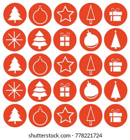 Vector Illustration of Christmas icons pack in round red background. Editable design. Flat christmas icons seamless pattern element vector background