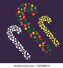 Vector illustration with Christmas icons and symbols in flat style. Christmas tree decorations