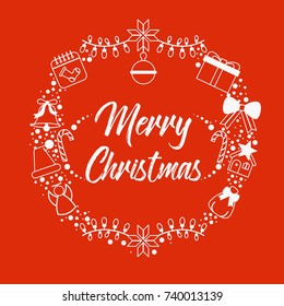 Vector illustration of Christmas icons wreath in white color on red background in line flat style.