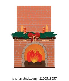 Vector illustration. Christmas interior, fireplace, Christmas decorations.