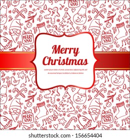 Vector illustration of Christmas invitation, red seamless pattern background
