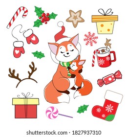 Vector illustration with Christmas items and a fox in a santa hat. New Year collection