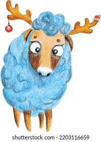 Vector illustration of Christmas lamb with deer horns. Funny Christmas character in hand-drawn style for illustrating kids book, greeting cards and holiday decoration