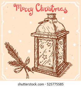 Vector illustration of christmas lamp,christmas tree branch,text Merry Christmas on the background with abstract paper texture,retro frame.Lantern sketch.Linear art in vintage style for your design.
